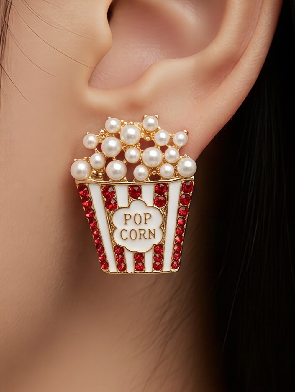 Popcorn Earrings Pearl Rhinestone Movie Theater Cinema Kitsch Statement Studs